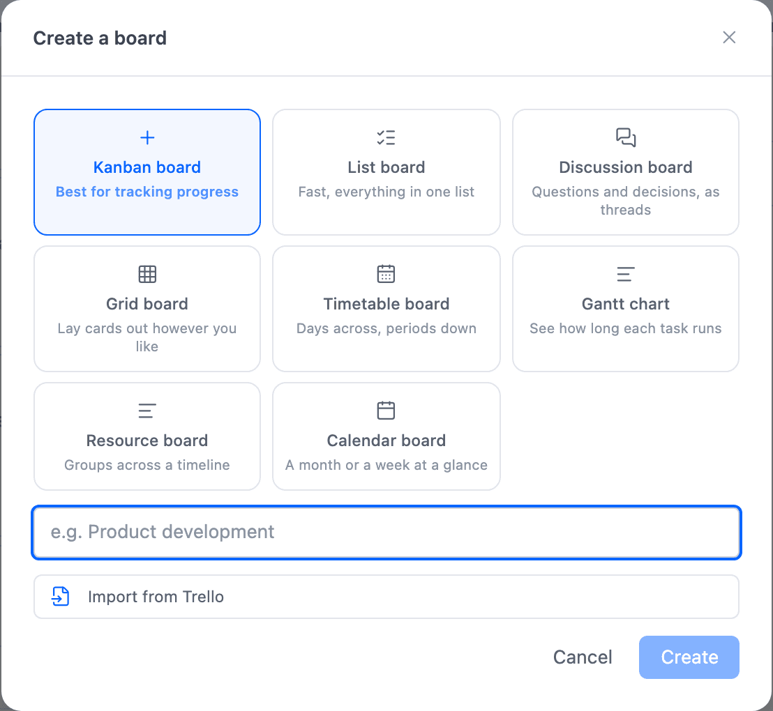 The new board screen, with eight kinds of board to choose from