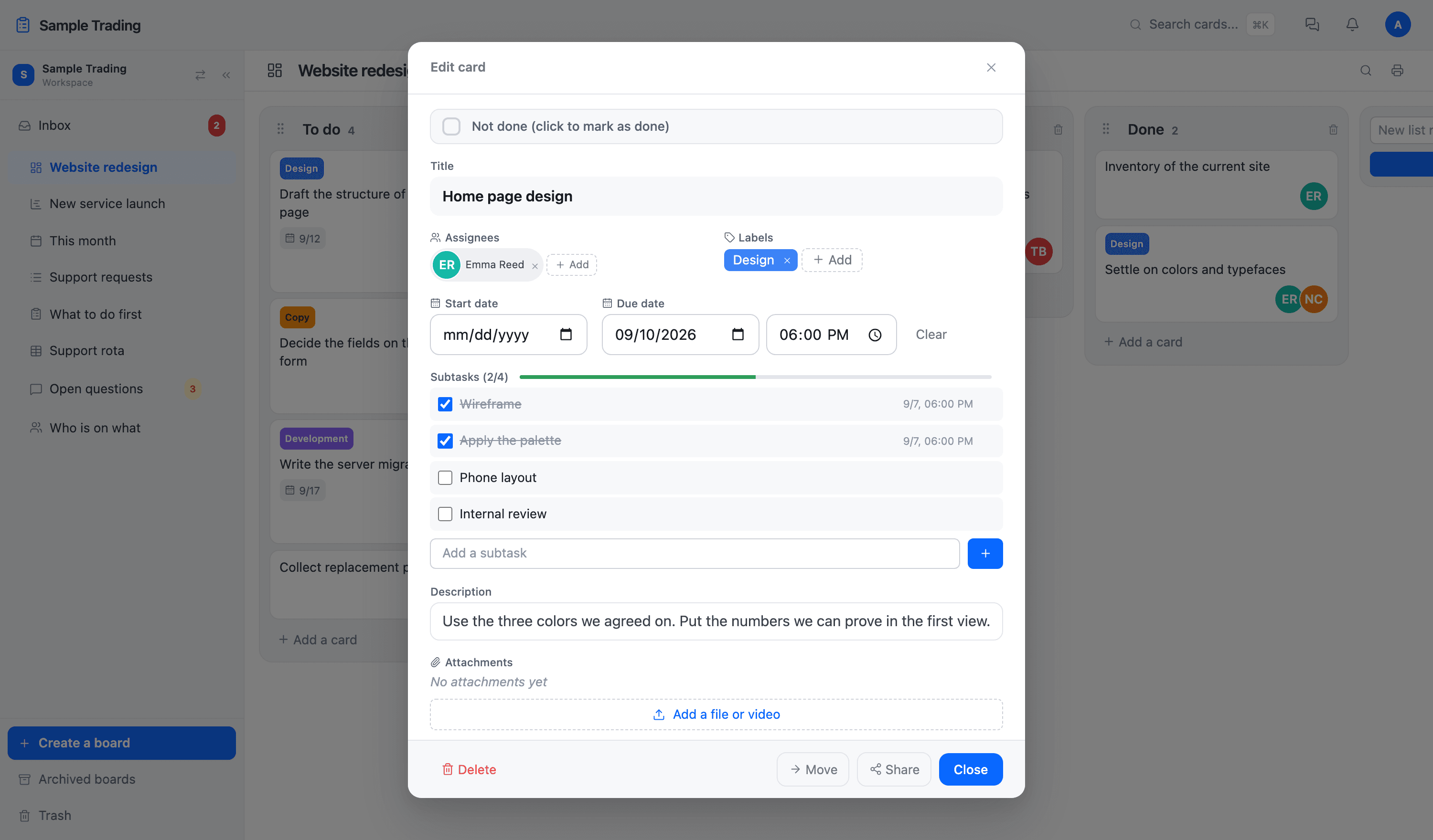 An open card showing assignees, labels, start and end dates, a checklist, a description, and attachments