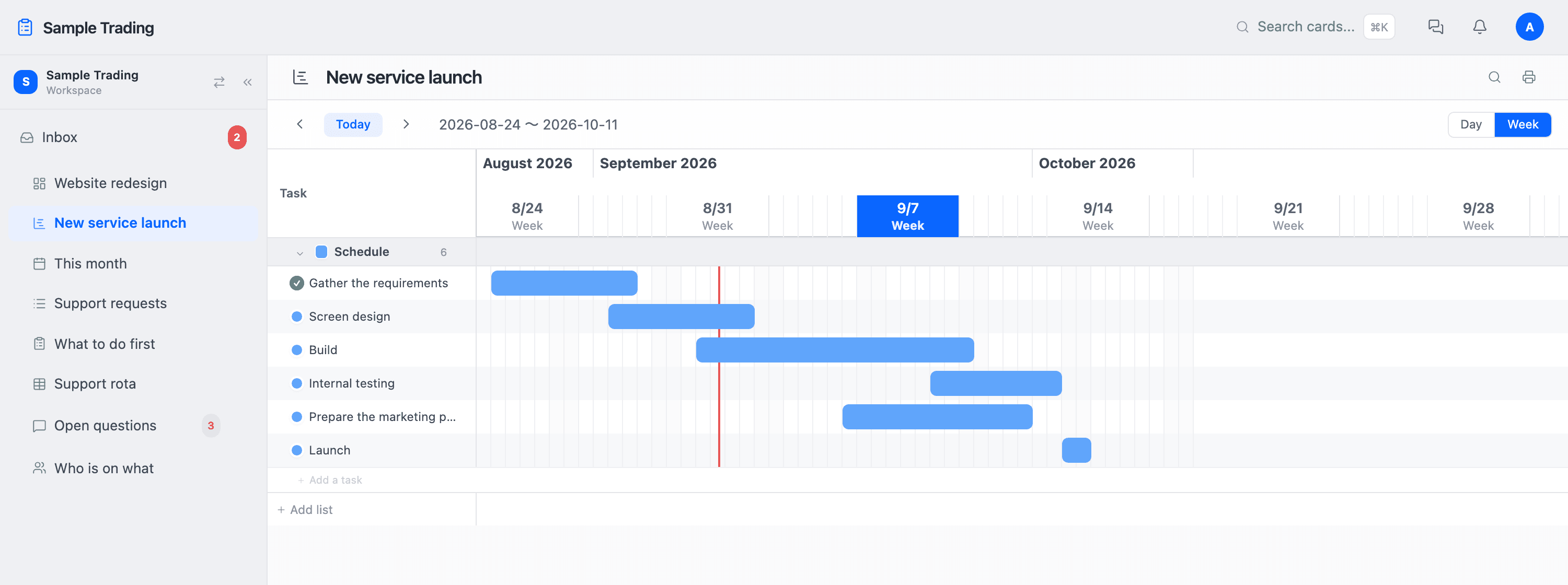 The Gantt chart screen, with tasks as horizontal bars
