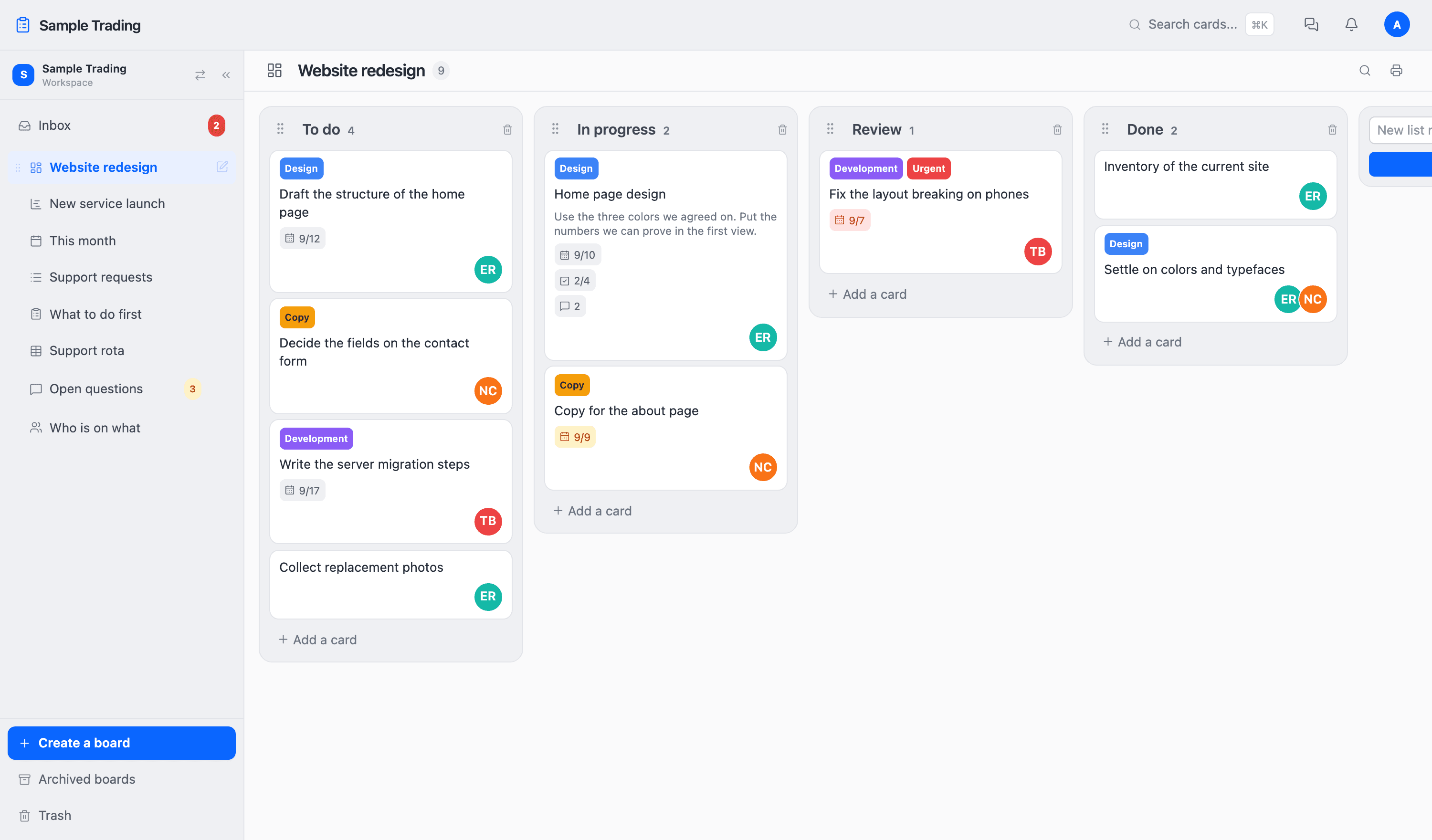 A Pinateca kanban board with cards in four columns: To do, In progress, Review, and Done