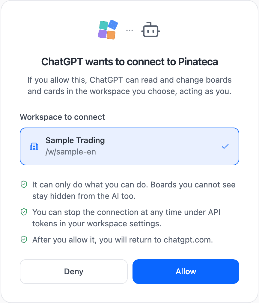 The Pinateca page that opens when you connect from an AI