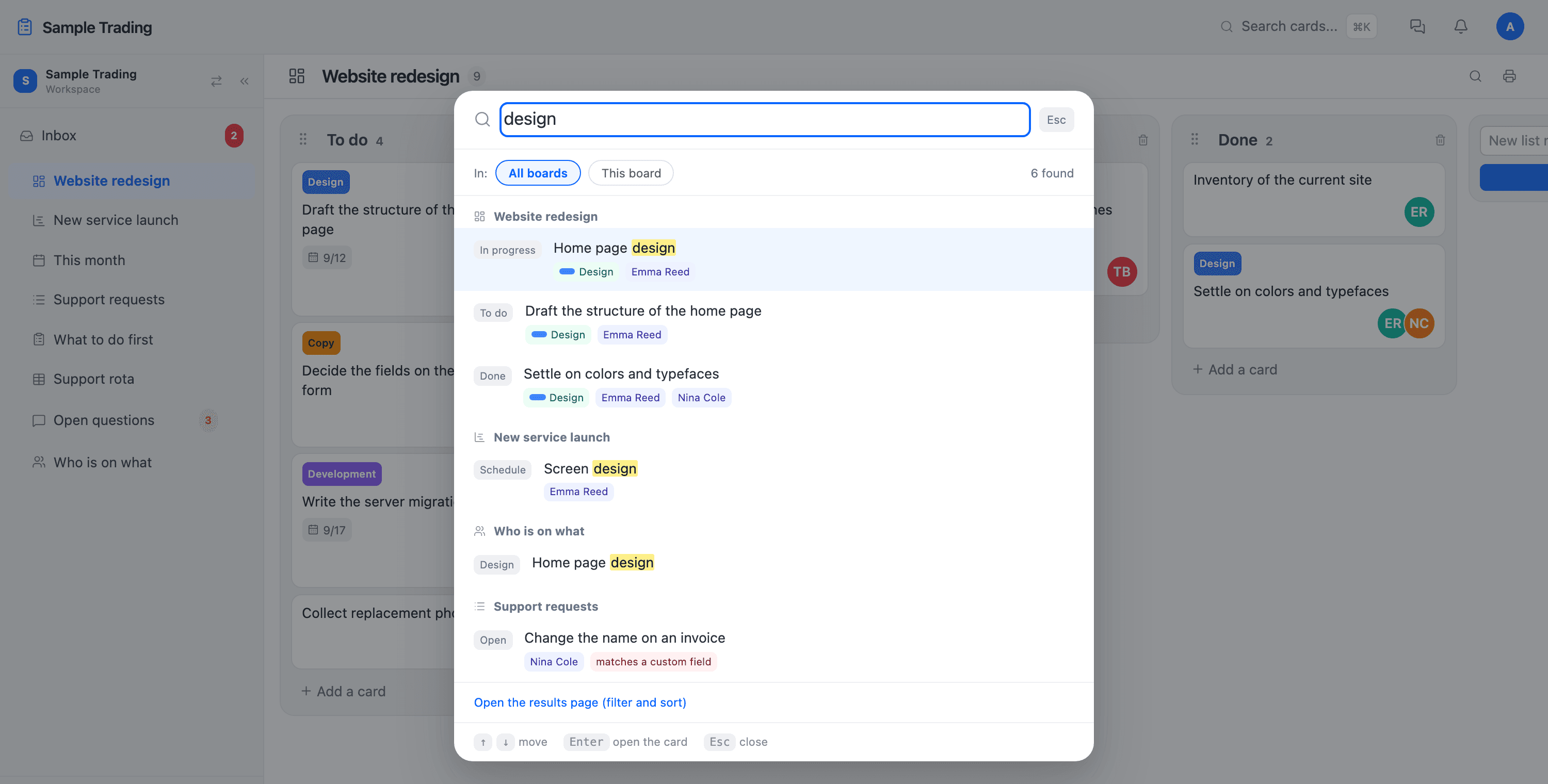 The search screen, with results for a query grouped by board